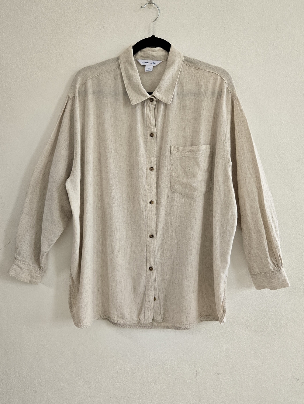 Old Navy The Boyfriend Shirt Beige Button-Up, Chest Pocket Side Splits Linen-XL